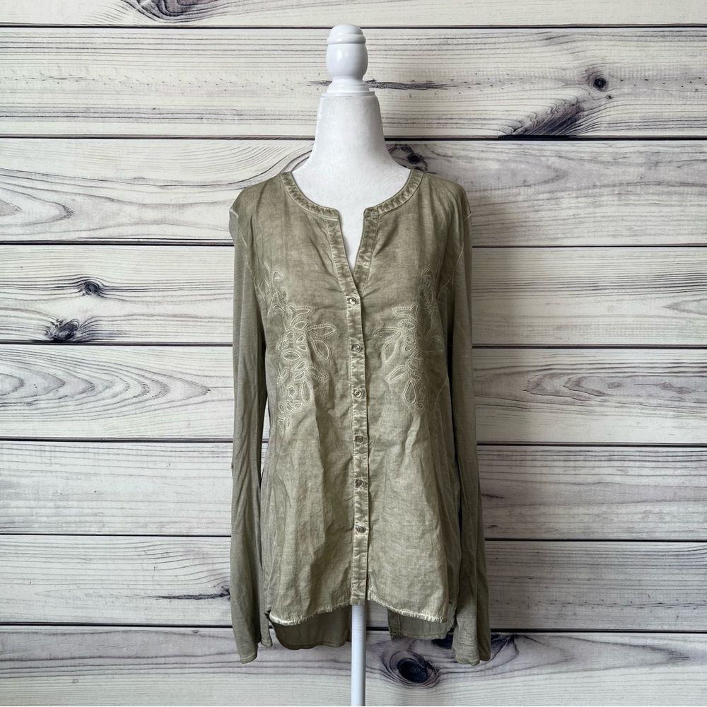 Symmetry Sage Green Embroidered Button Down Blouse